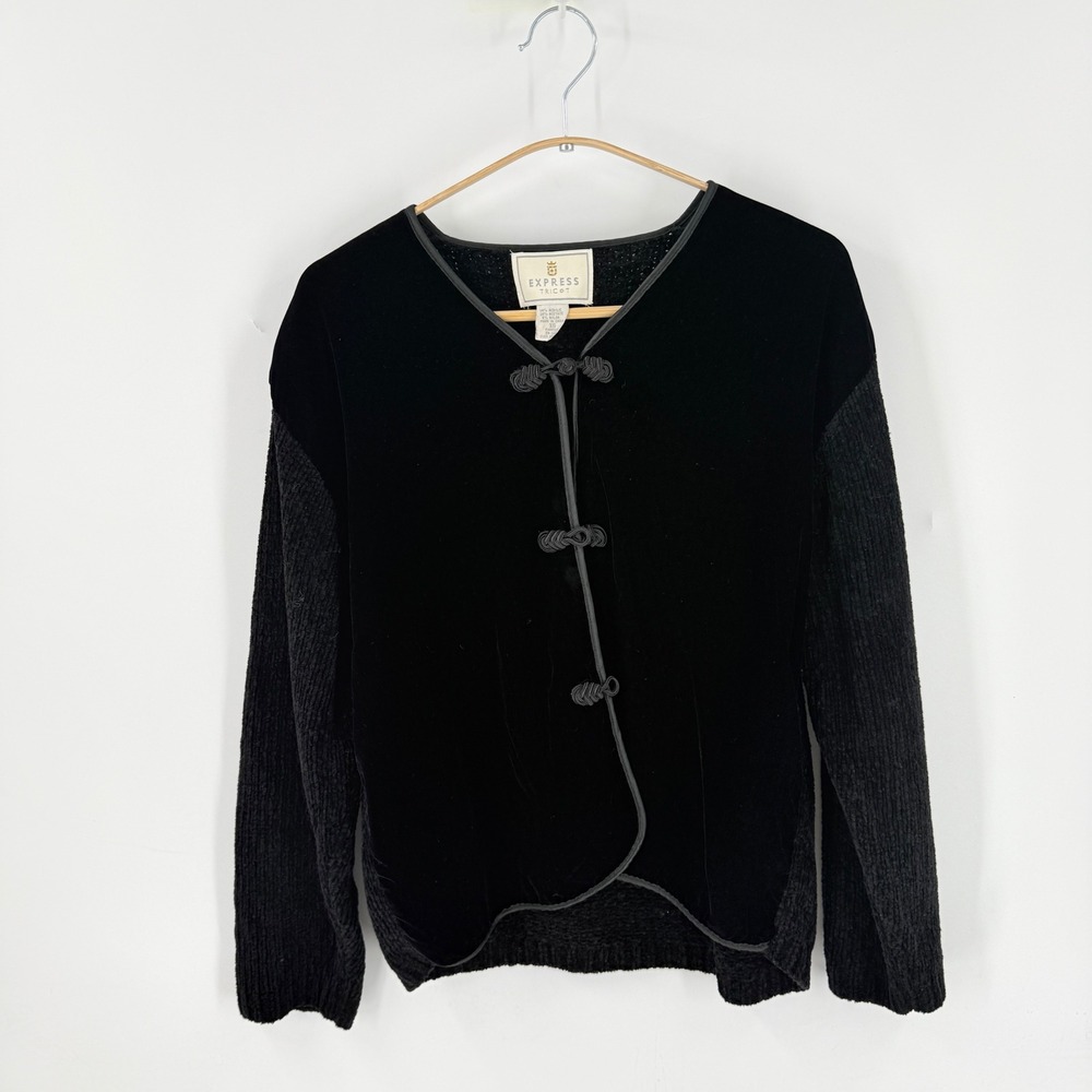 Vintage 90s Express Tricot Cardigan Black Velvet XS Clasp Knit Mixed Media